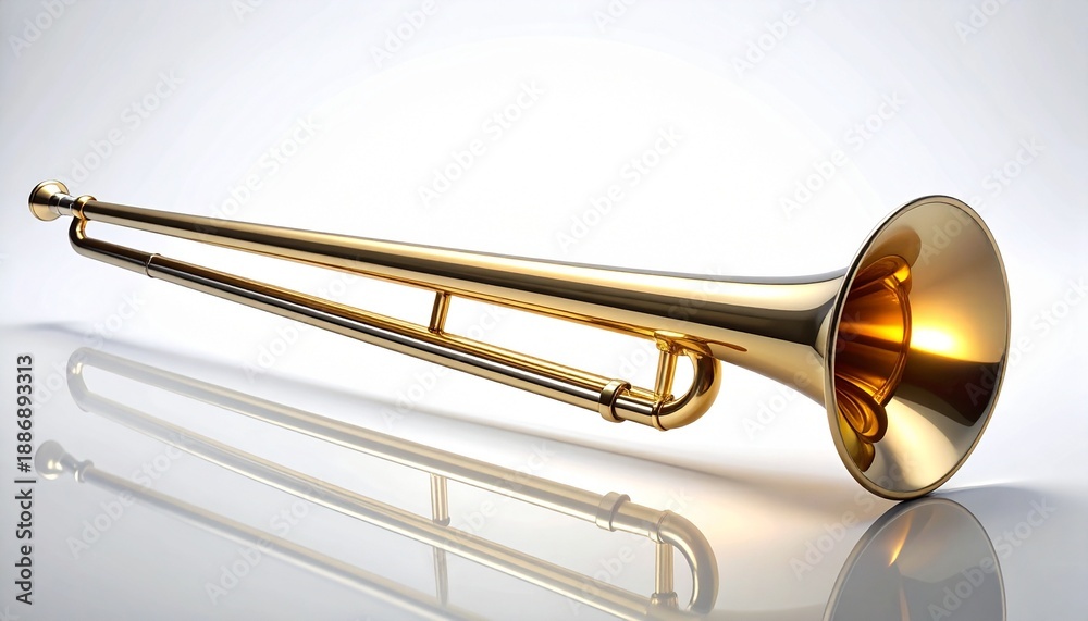 Obraz premium A golden trombone, a classic brass wind instrument, rests elegantly on a reflective white surface. This musical tool is essential for orchestras, jazz bands, and classical music performances.