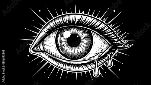 Detailed black and white illustration of a single eye with a tear