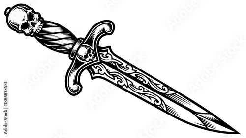 Dagger with skull-shaped handle and intricate scrollwork on blade