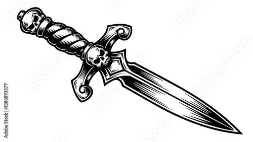 Black and white illustration of a medieval dagger with a skull handle