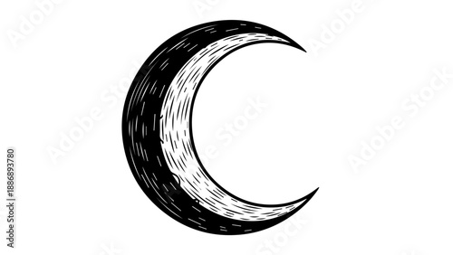 Crescent moon illustration with fine parallel lines on a black background