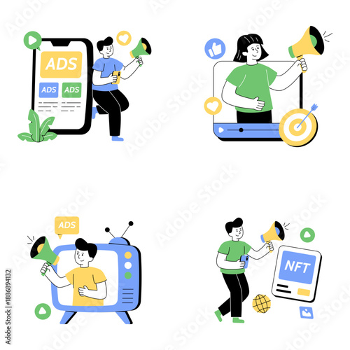 Set of Publicity Flat Illustrations 