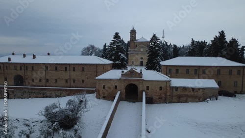 Fano snow in Eremo of Monte Giove with drone 4k