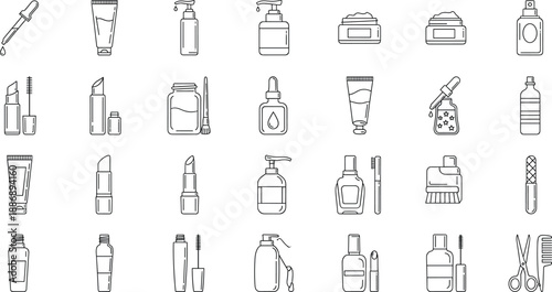 Cosmetic and Beauty Product Icon Set with Skincare Bottles Lipstick Mascara and Hair Salon Tools for Makeup Vector Illustration