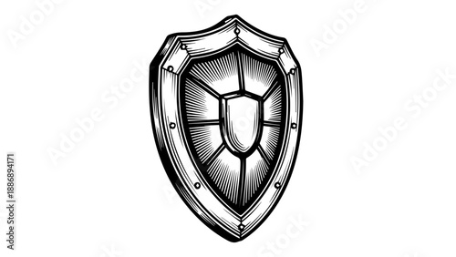 Medieval-style shield with intricate geometric patterns on light gray background