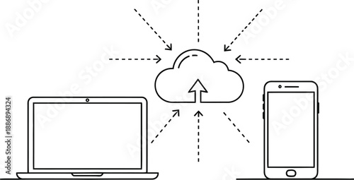 Cloud computing data synchronization line art vector illustration