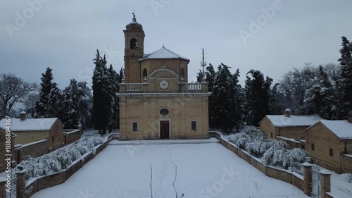 Fano church with snow in Eremo of Monte Giove 4k