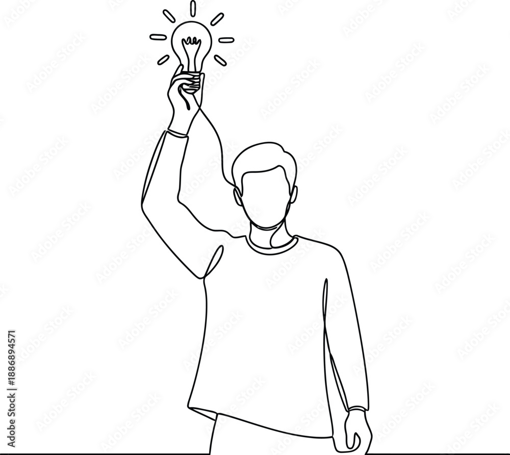 Obraz premium Man holding lightbulb idea concept continuous line drawing vector
