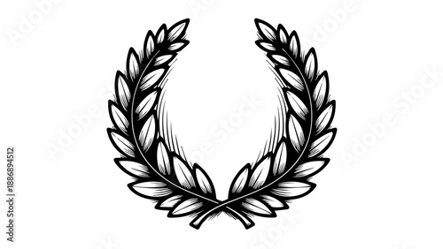 Black and white illustration of a laurel wreath with intricate detailing
