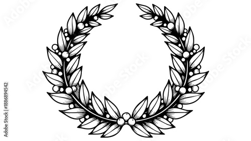 Black and white illustration of a laurel wreath with elongated leaves and round berries