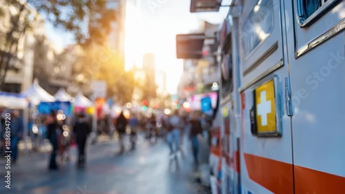 Wallpaper Mural Urban mobile clinic van ready for patient care with clear signage and bustling street elements subtly blurred behind. Torontodigital.ca