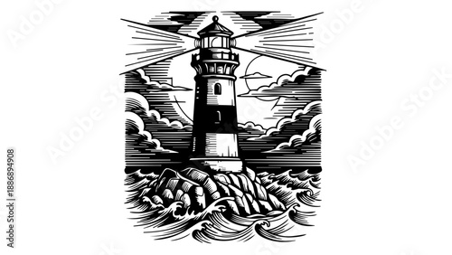 Black and white illustration of a lighthouse standing firm against a turbulent sea with crashing waves and billowing clouds