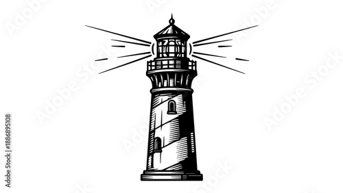 Black and white illustration of a solitary lighthouse with a minimalist background