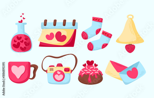 Cut Happy Valentines Day design bundle, Love cartoon romance sticker element collection, Valentines poster graphic, Valentines day vector set, Valentines day design, Hand drawn vector illustration