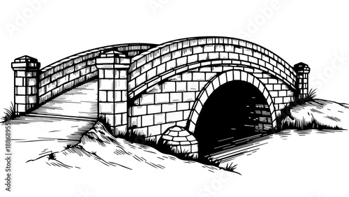 Classic stone bridge with arched design spanning a serene river in a natural landscape