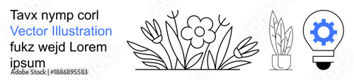 Innovation, nature, technology, growth, gardening, eco-friendly ideas. Flower and plants in line art with a light bulb and gear concept. Innovation and nature-driven growth illustration