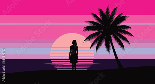 A solitary woman stands silhouetted against a vibrant synthwave sunset with a majestic palm tree beside her.
