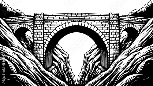 Black and white illustration of a monumental stone bridge spanning a deep rugged gorge