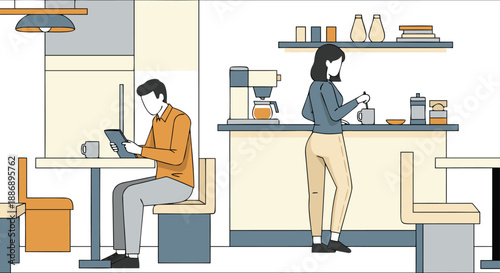 A man works on a laptop at a kitchen table while a woman prepares coffee in a bright, modern setting.