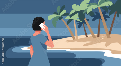 A woman is talking on her phone while standing on a small, deserted island surrounded by water and lush palm trees.