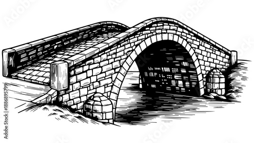 Stone bridge with intricate arches spanning a body of water in a black-and-white illustration