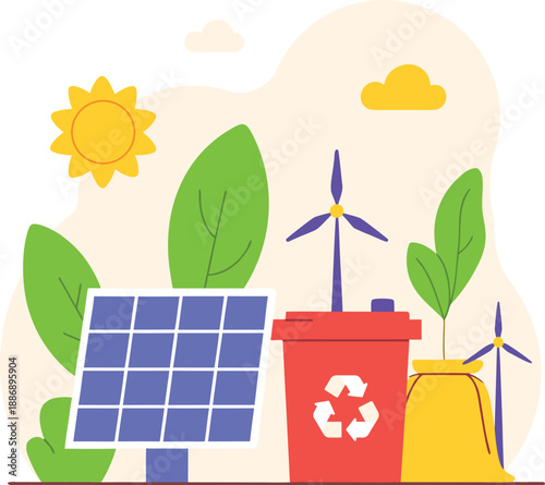 Sustainable Energy and Recycling Concept with Solar Panel and Wind Turbines Flat Vector Illustration
