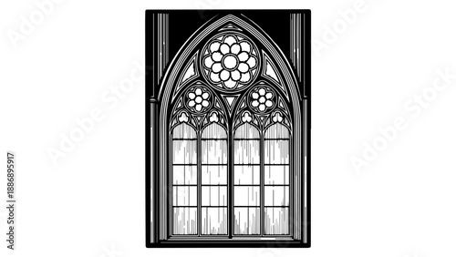 Gothic-style window with intricate tracery and rectangular panes
