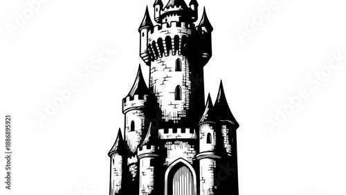 Medieval castle illustration with towers and turrets in black and white