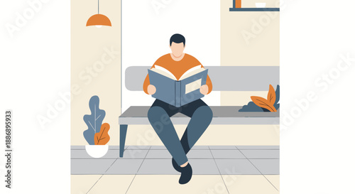 A man sits calmly on an indoor bench, deeply engrossed in reading a large open book in a well-lit, cozy space.