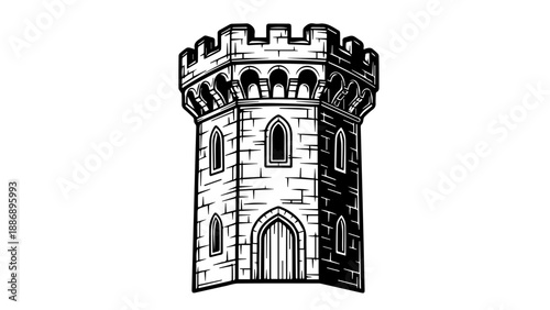 Medieval castle tower illustration with Gothic architectural details in black and white