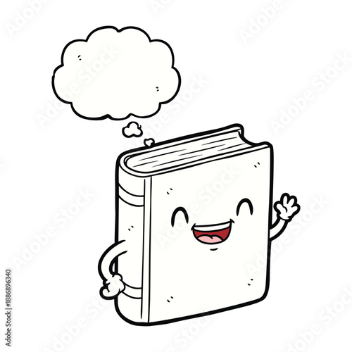 Happy cartoon book character thinking deeply