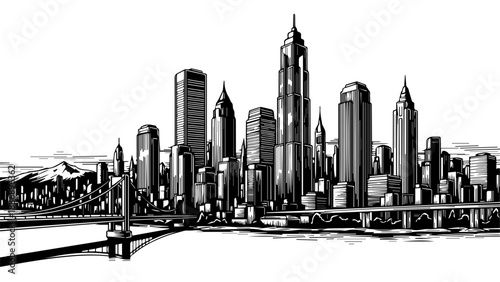 Black and white illustration of a city skyline with bridges and high-rise buildings