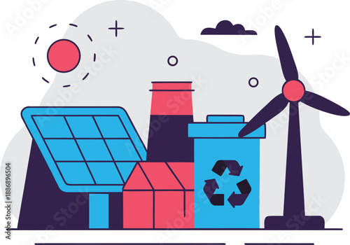 Renewable Energy Industry Concept with Solar Panel, Wind Turbine and Recycling Bin Illustration