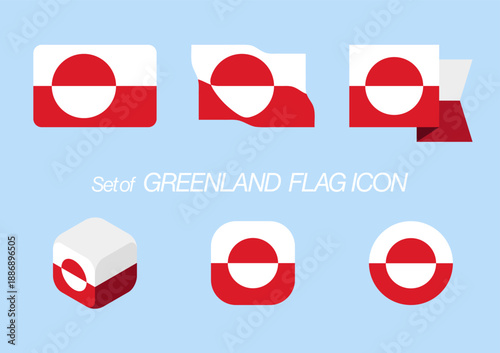 Free Download Set of Greenland national flag icon flat design style includes flat square, circle, waving ribbon, and isolmetric isolated on blue background - GFXLoad