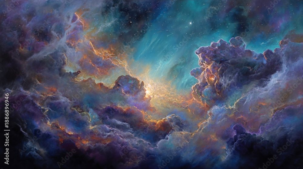 Fototapeta premium Vibrant cosmic nebula with colorful clouds illuminated by starlight in space.