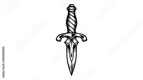 Black and white illustration of a dagger with a double-edged blade and ornate handle