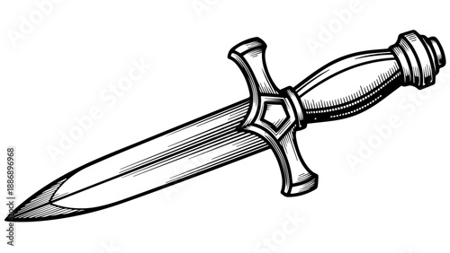High-contrast monochromatic illustration of a dagger with a hexagonal crossguard and decorative finial
