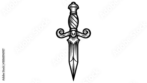 High-contrast black-and-white illustration of a dagger with a skull emblem on the handle