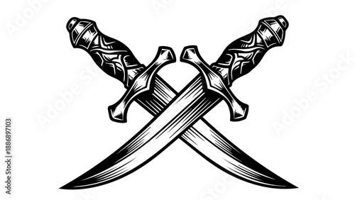 Two intricately detailed swords crossed diagonally on a white background