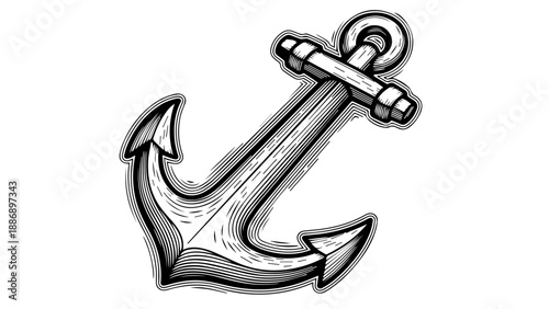 Classic black and white anchor illustration with intricate design and three-dimensional realism