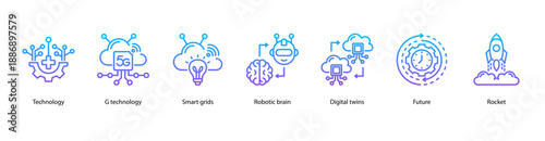 Next-Gen Technology Infrastructure web banner icon vector illustration featuring Technology, 5G Technology, Smart Grids, Robotic Brain, Digital Twins, Future, and Rocket.