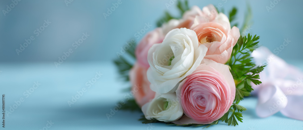 Obraz premium Soft pastel ranunculus bouquet with delicate green foliage and satin ribbon on blue background