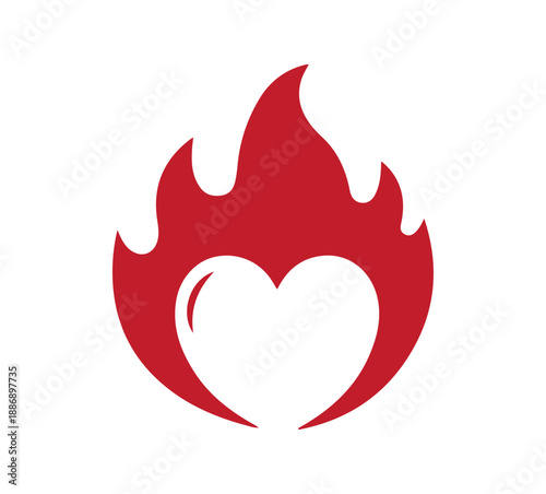 Red heart on fire icon, burning love flame vector illustration