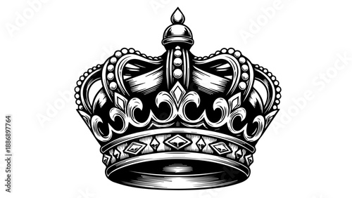 Regal crown illustration with intricate design and high-contrast black-and-white detailing
