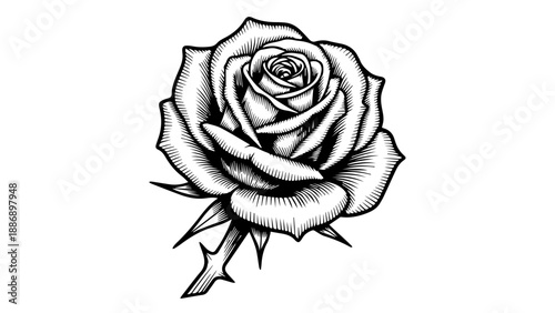 Black and white line drawing of a single rose with thorns on a transparent background
