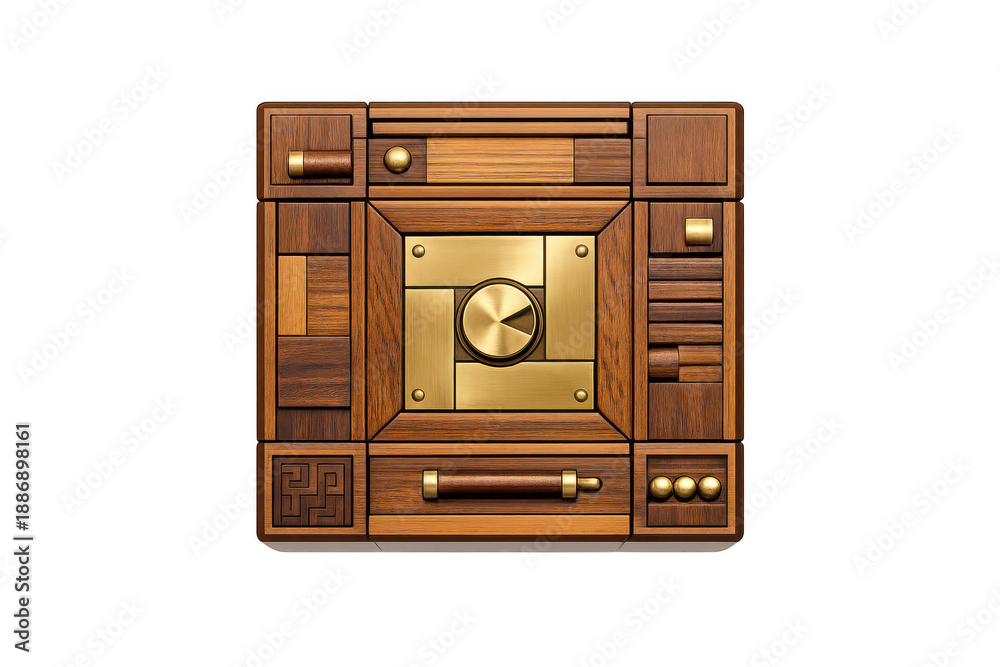 Fototapeta premium Intricate wooden puzzle box with brass accents and geometric patterns