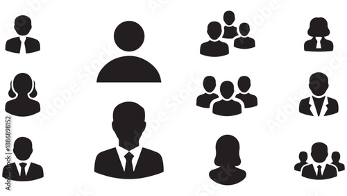 Solid Black Silhouette Illustration Of User And Group Avatars Representing Team Profiles, Organizational Roles And Member Identity
