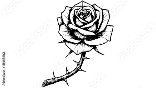Single rose line drawing with thorns on white background