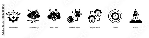 Next-Gen Technology Infrastructure web banner icon vector illustration featuring Technology, 5G Technology, Smart Grids, Robotic Brain, Digital Twins, Future, and Rocket.