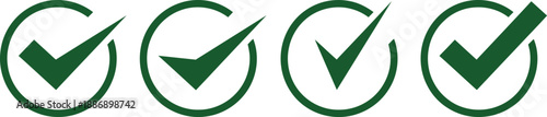 Green Check Mark and Tick Icon Set in Circle Frames for Approval Confirmation Task Completion and Survey Status Interface Design